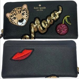 Kate Spade Run Wild Meow Cheetah Cat Wallet Lips NWT Cherry Cherries
